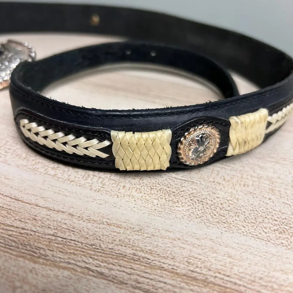 Justin Embroidered Top Grain Leather Waist Belt Tribal Western Black White XS